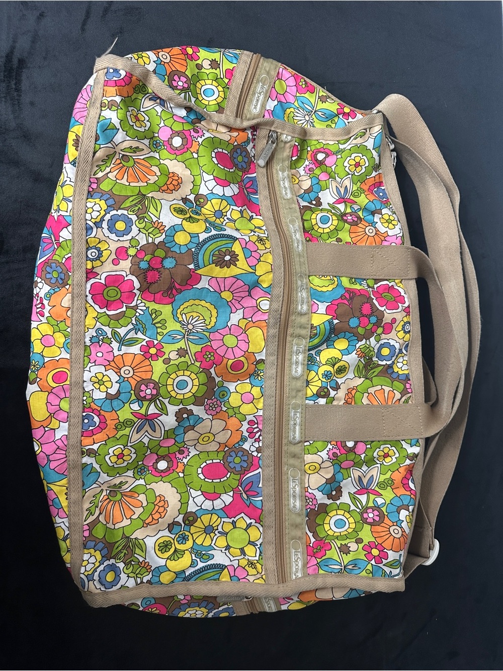 Vintage Lesportsac Floral Travel Duffel in Multicolor and Tan Trim